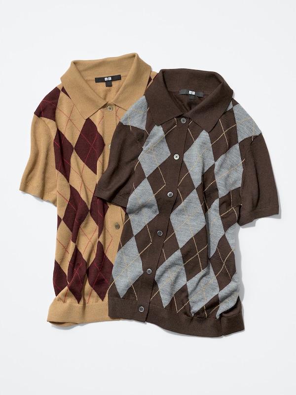 Merino Blend Polo Cardigan | Short Sleeve| Argyle