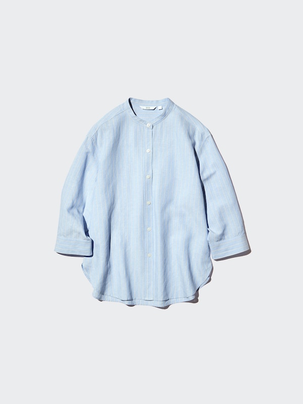 Linen Blend Band Collar Shirt 3/4 Sleeve