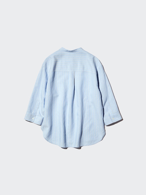 Linen Blend Band Collar Shirt 3/4 Sleeve