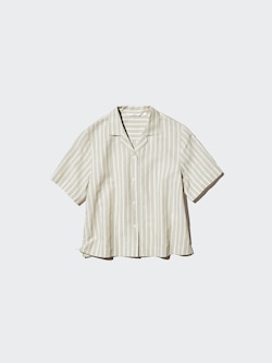 Linen Blend Open Collar Shirt Short Sleeve