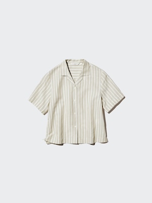 Linen Blend Open Collar Shirt | Short Sleeve | Stripe