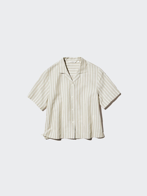 Linen Blend Open Collar Shirt | Short Sleeve | Stripe