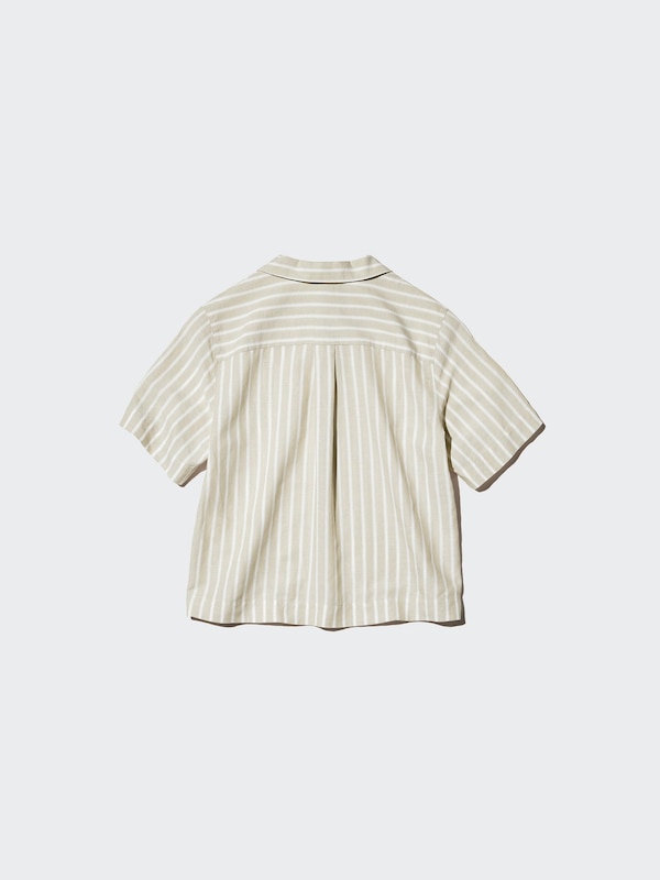 Linen Blend Open Collar Shirt | Short Sleeve | Stripe