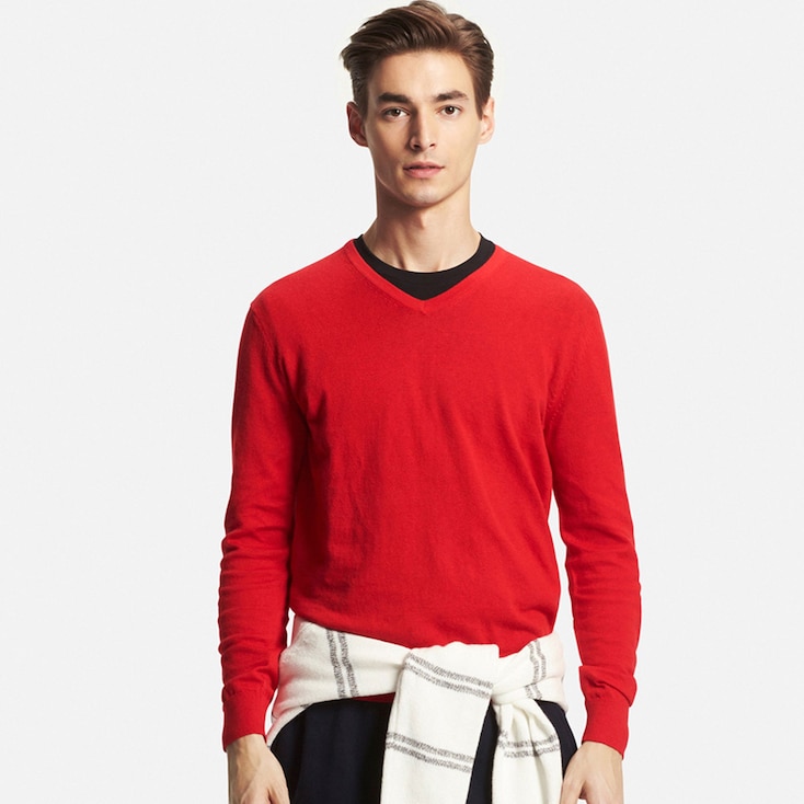 Men'S Cotton Cashmere V-Neck Sweater, Red, Large