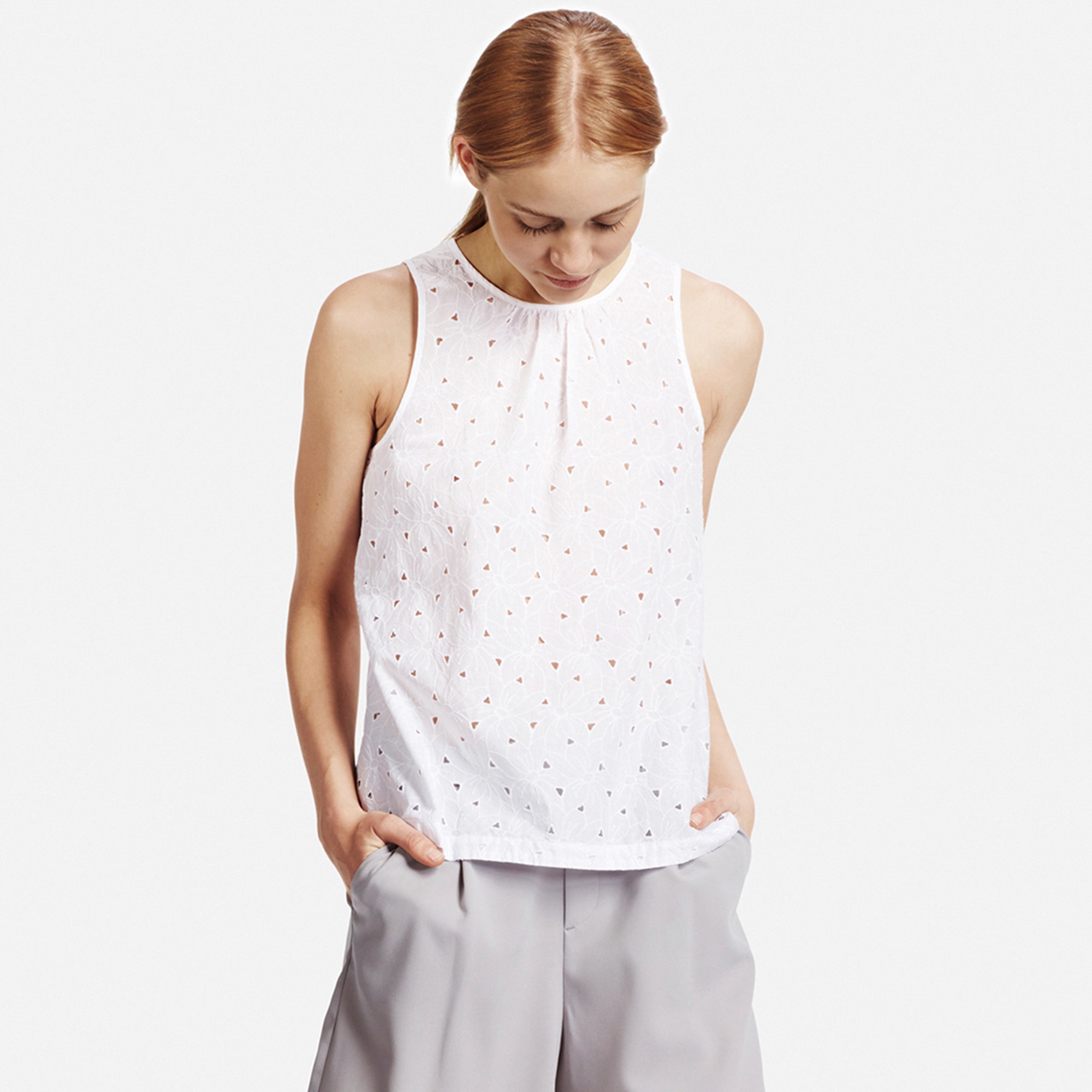 white eyelet sleeveless top