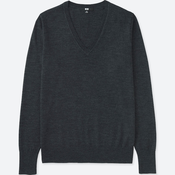 Women Extra Fine Merino Wool V-Neck Sweater, Dark Gray, Large