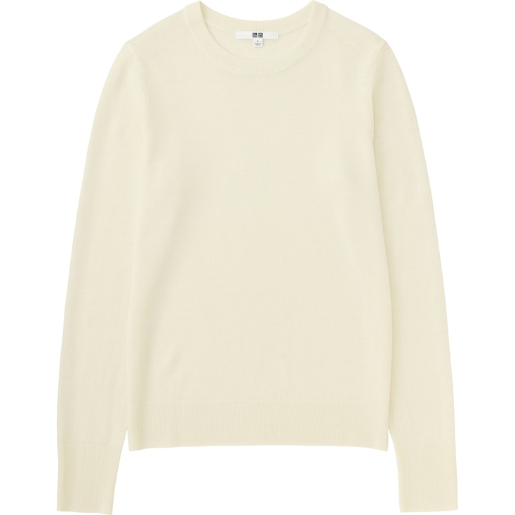 Women Extra Fine Merino Crewneck Sweater, Off White, Large