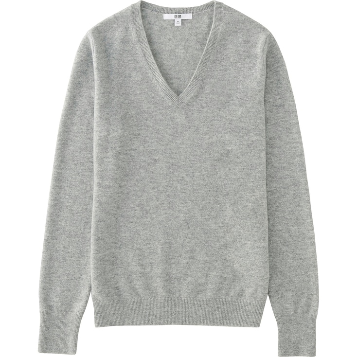 Women Cashmere V-Neck Sweater, Light Gray, Large