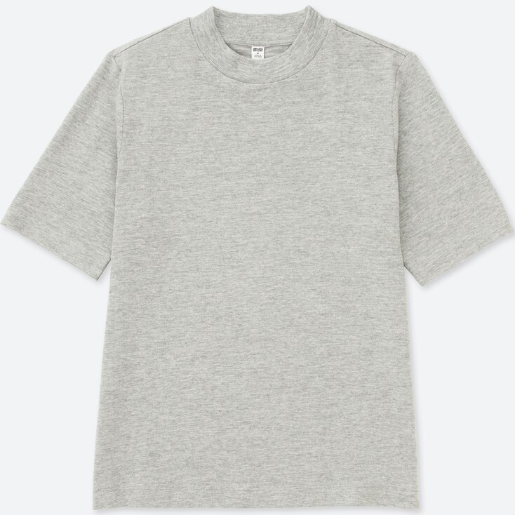 Women Slub High Neck Short Sleeve T-Shirt, Gray, Large