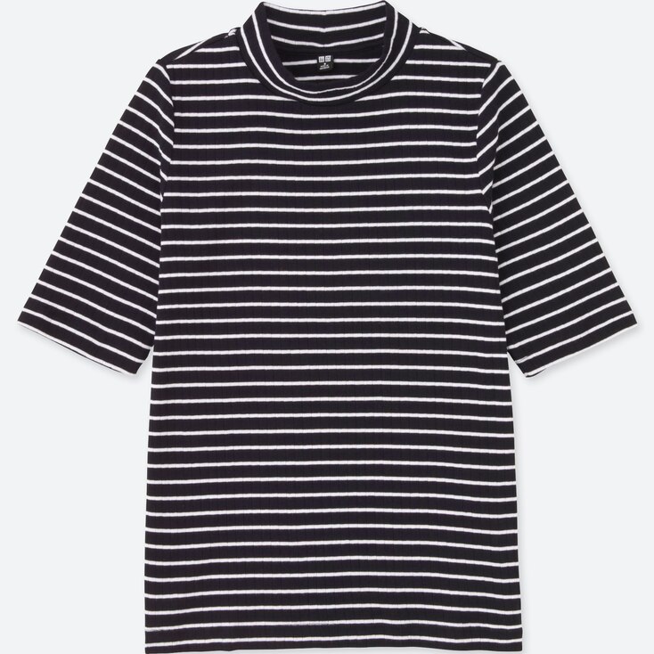 WOMEN STRIPED RIBBED HIGH NECK HALFSLEEVE TSHIRT UNIQLO US