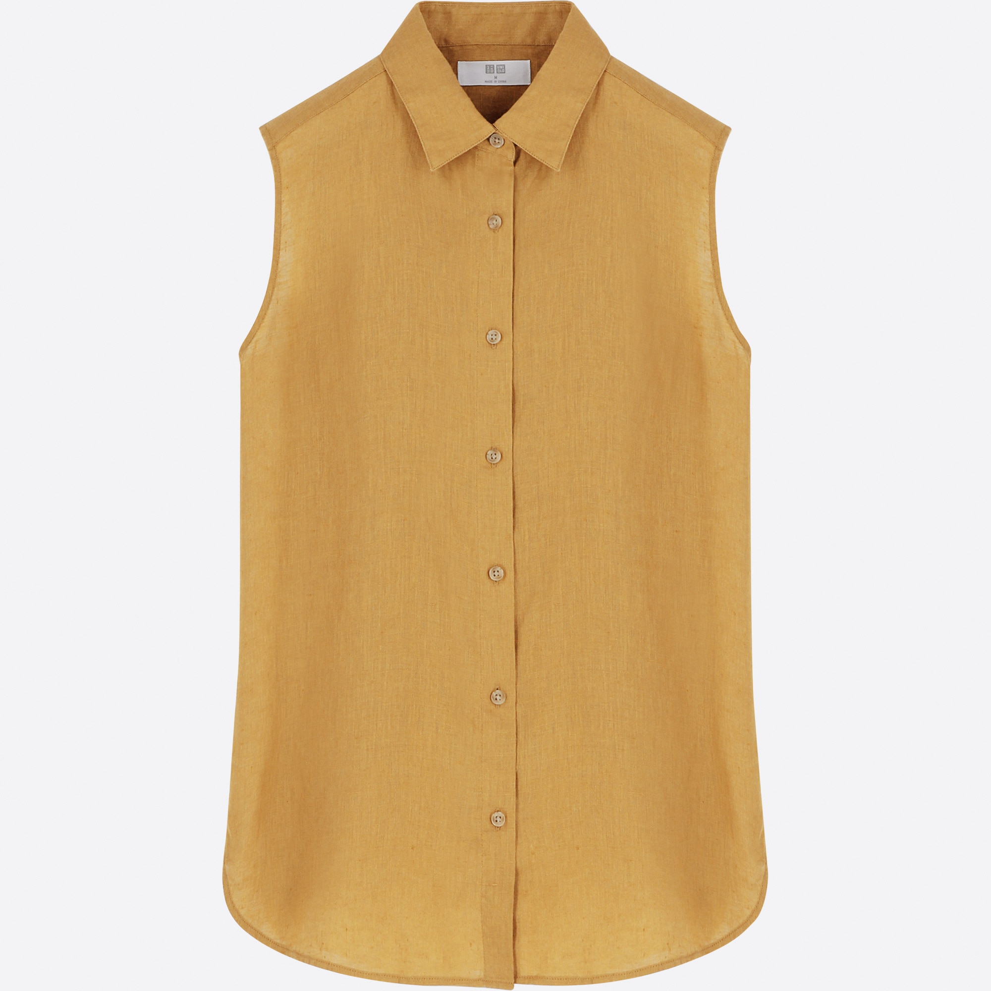 yellow sleeveless button down shirt