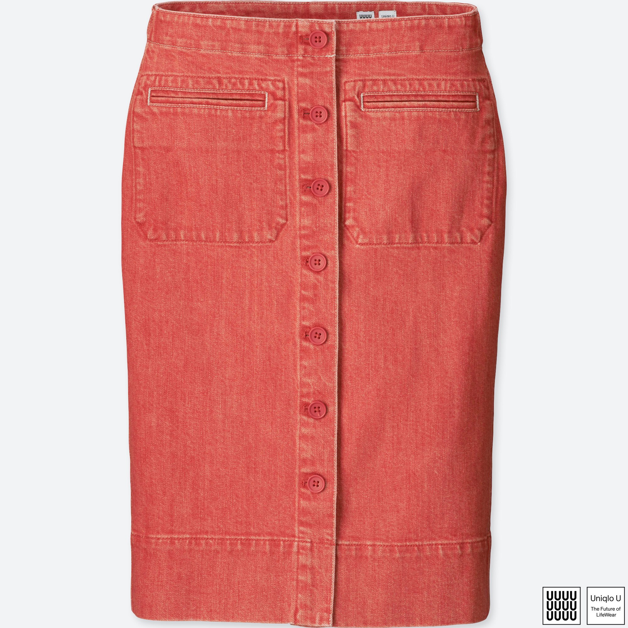 red denim midi skirt