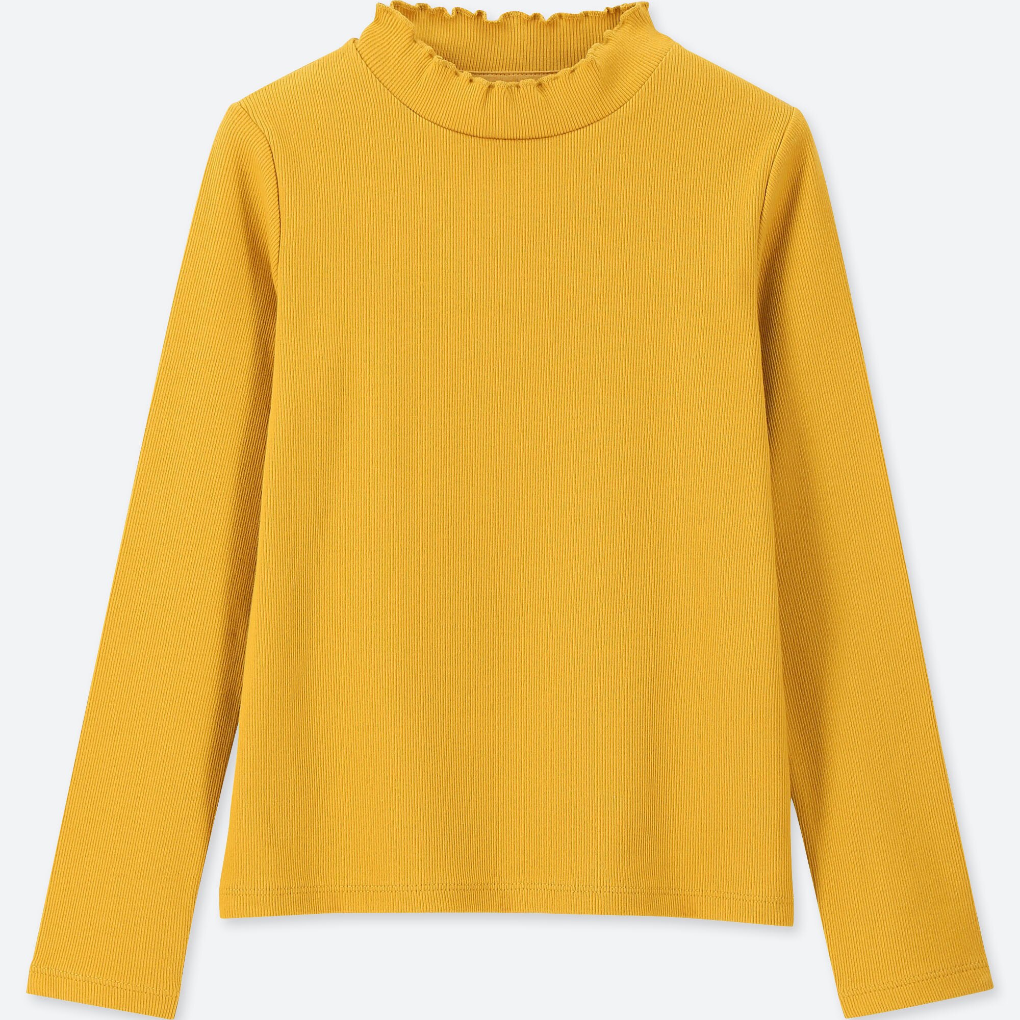 Girls Ribbed Frill High Neck Long Sleeve T Shirt Yellow Small