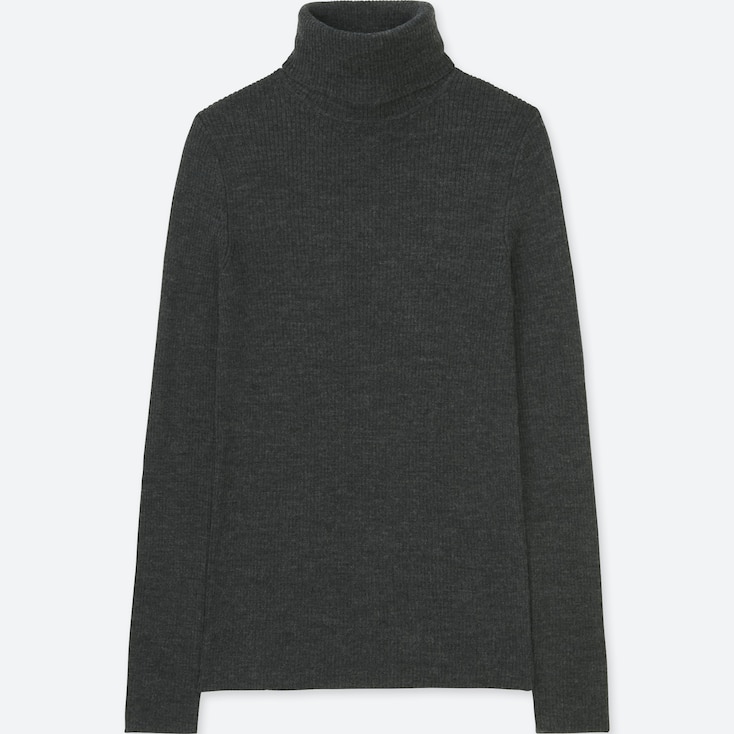 Women Extra Fine Merino Ribbed Turtleneck Sweater, Dark Gray, Large