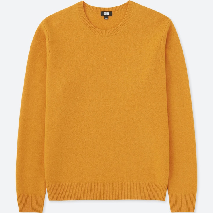 Men Premium Lambswool Crew Neck Long-Sleeve Sweater, Yellow, Large