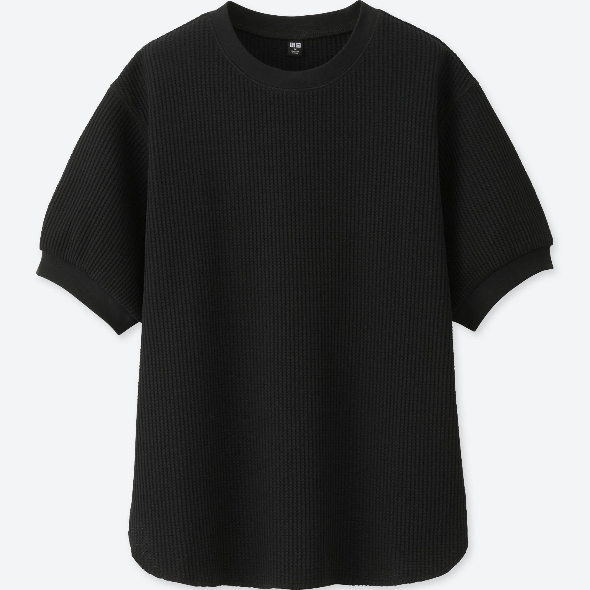 Women Waffle Crewneck Half Sleeve T Shirt Black Small