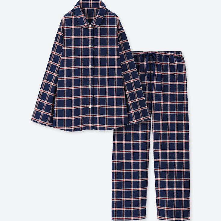 Women Flannel Long-Sleeve Pajamas, Navy, Large