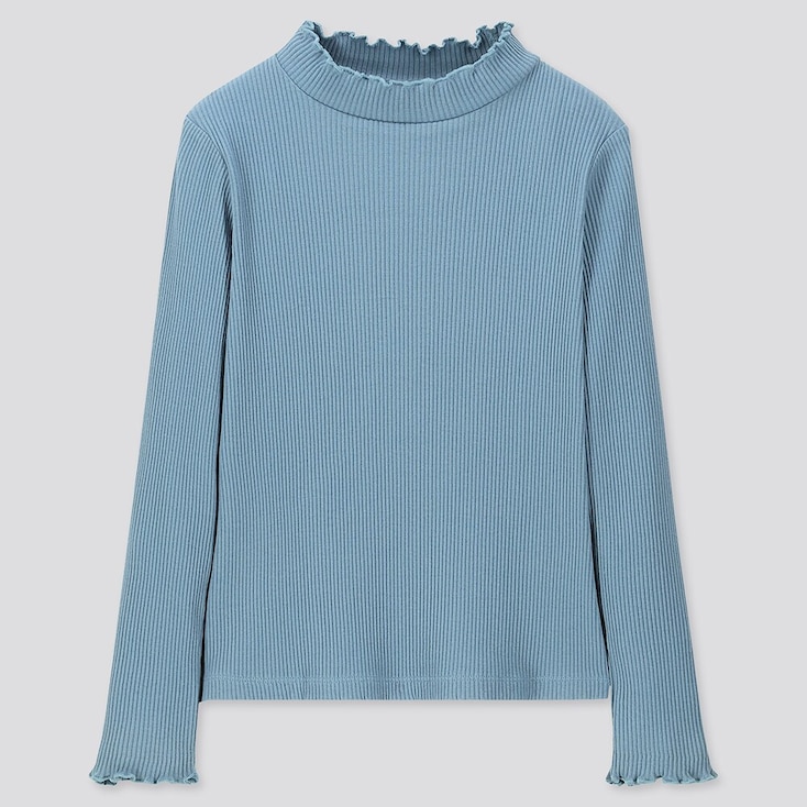 Uniqlo Girls Ribbed Frill High Neck Long Sleeve T Shirt Stylehint