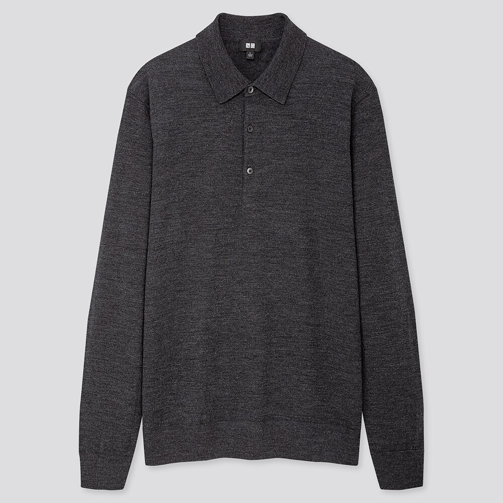 Men 100% Extra Fine Merino Wool Knit Long Sleeved Polo Shirt | UNIQLO UK