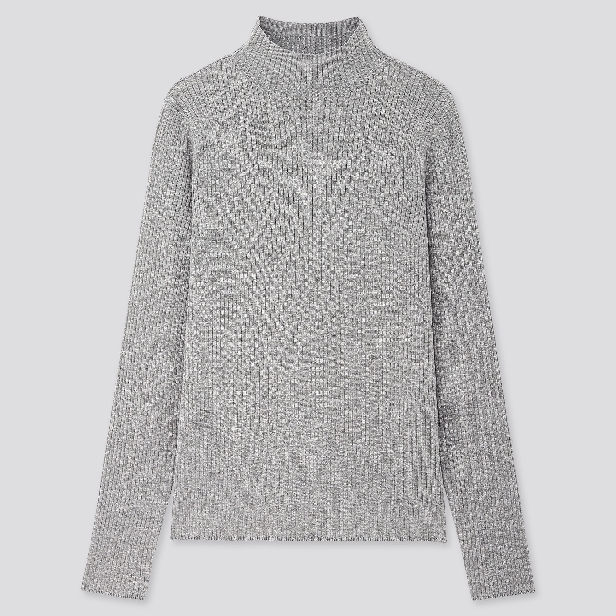 WOMEN SHINY RIBBED HIGH-NECK SWEATER