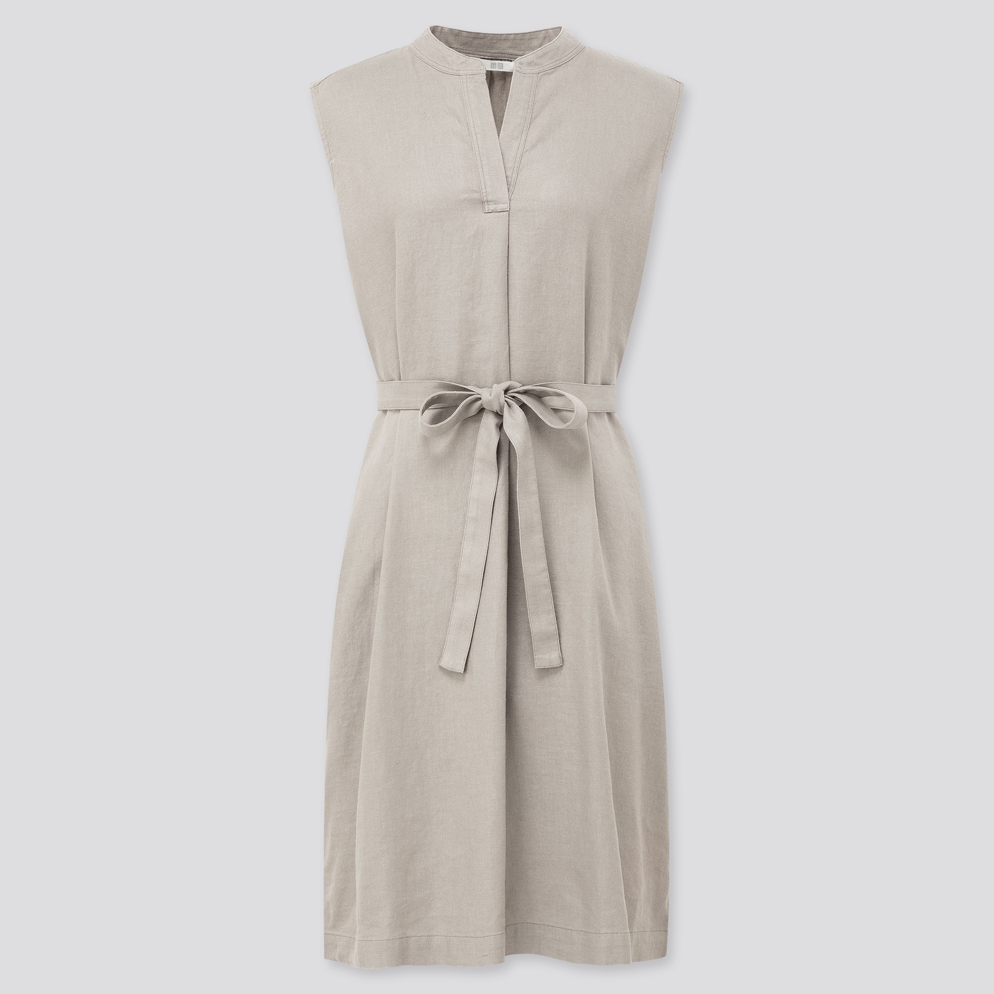 WOMEN LINEN BLENDED SPLIT NECK SLEEVELESS DRESS