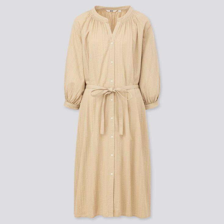 Women Cotton Dobby 3 4 Sleeve Peasant Dress Uniqlo Us 