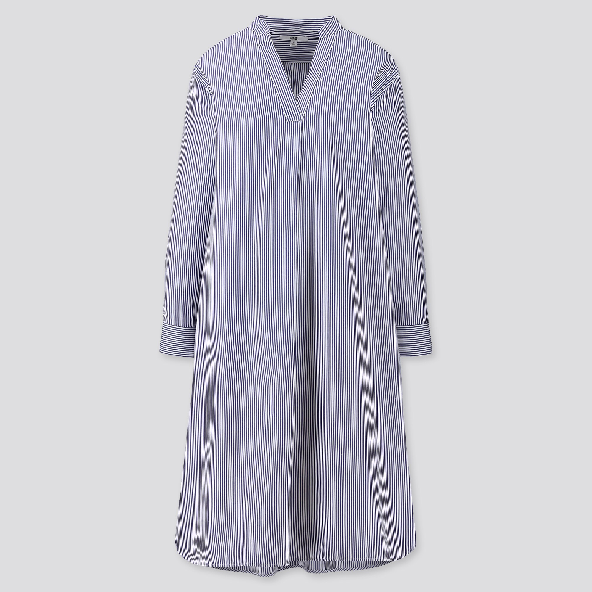Women Extra Fine Cotton A-Line Striped Long Sleeved Dress | UNIQLO UK