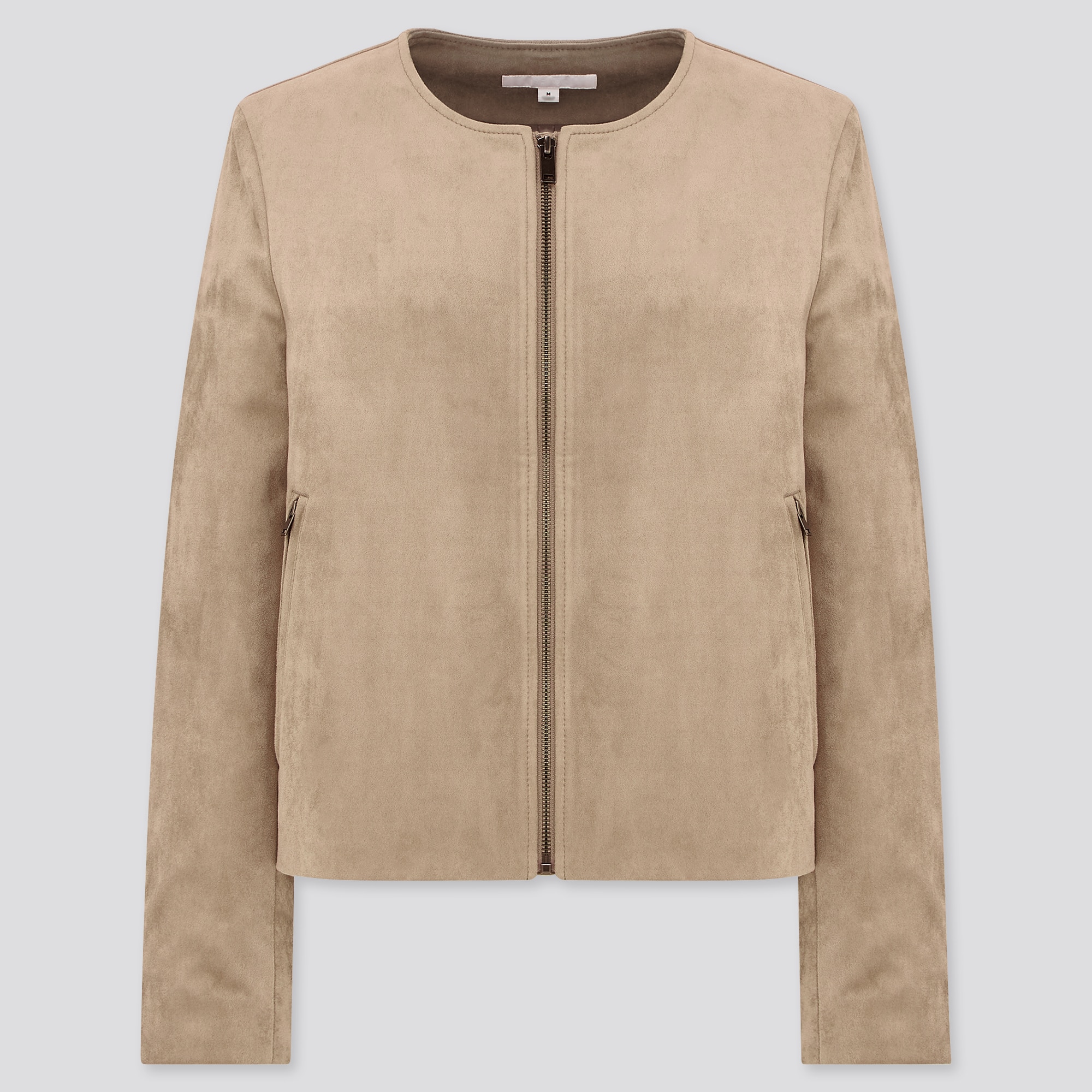 suede collarless jacket