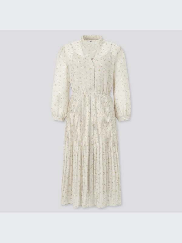 Chiffon Pleated 3/4-Sleeve Dress