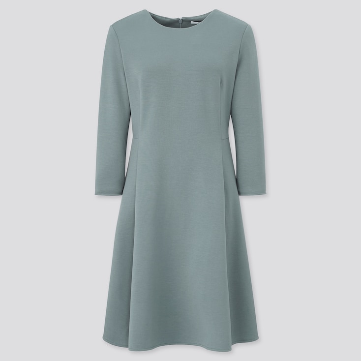 Women Stretch Double Faced 3 4 Sleeved Flared Dress Uniqlo