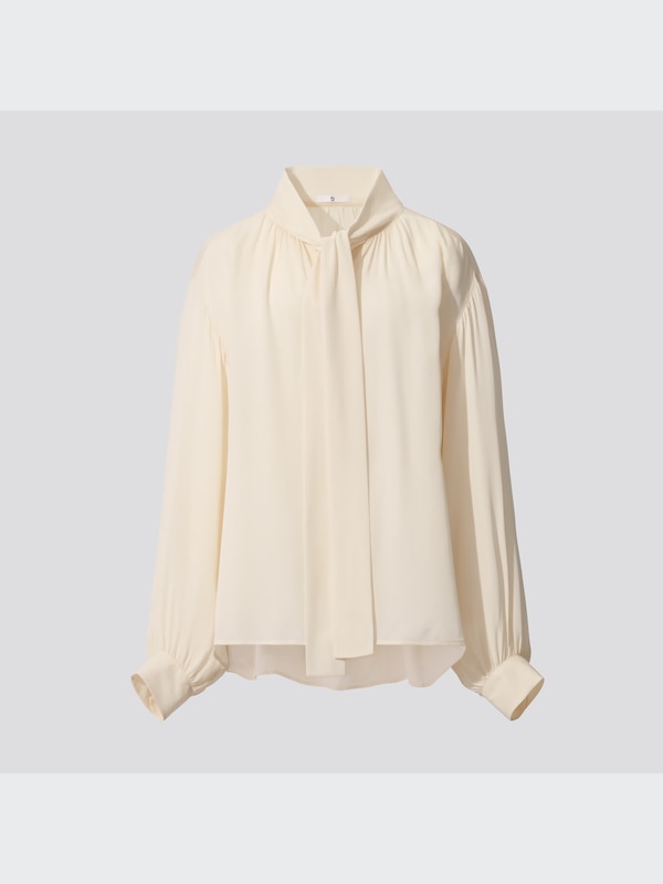 +J Silk Gathered Long-Sleeve Blouse