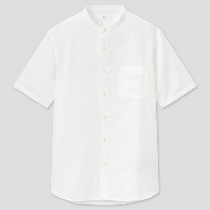 Men Linen Cotton Blend Short Sleeved Shirt (Grandad Collar) | UNIQLO UK