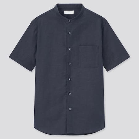 Men Linen Cotton Blend Short Sleeved Shirt (Grandad Collar)