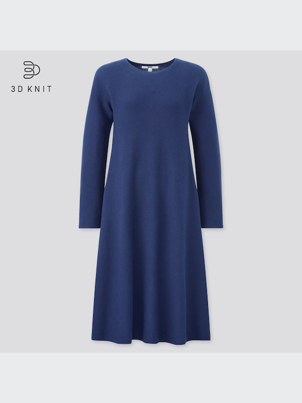 3D Knit Cotton Long-Sleeve Flare Dress