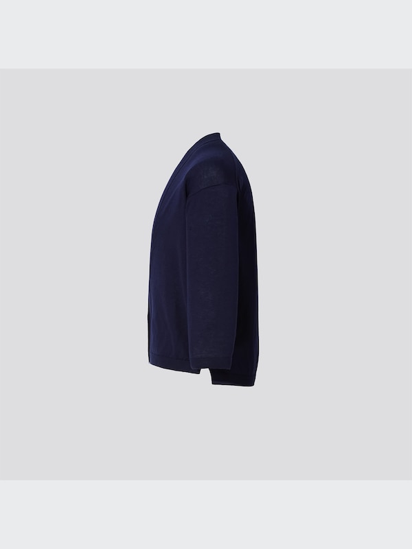 +J Silk-Cotton V-Neck 3/4-Sleeve Short Cardigan