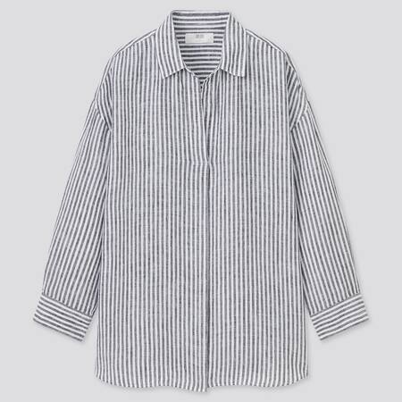 Women 100% Premium Linen Skipper Collar Striped 3/4 Sleeved Shirt
