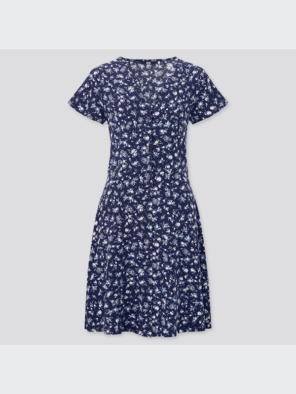 Printed V-Neck Short-Sleeve Flare Dress