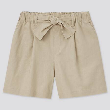 Girls Cotton Linen Belted Shorts