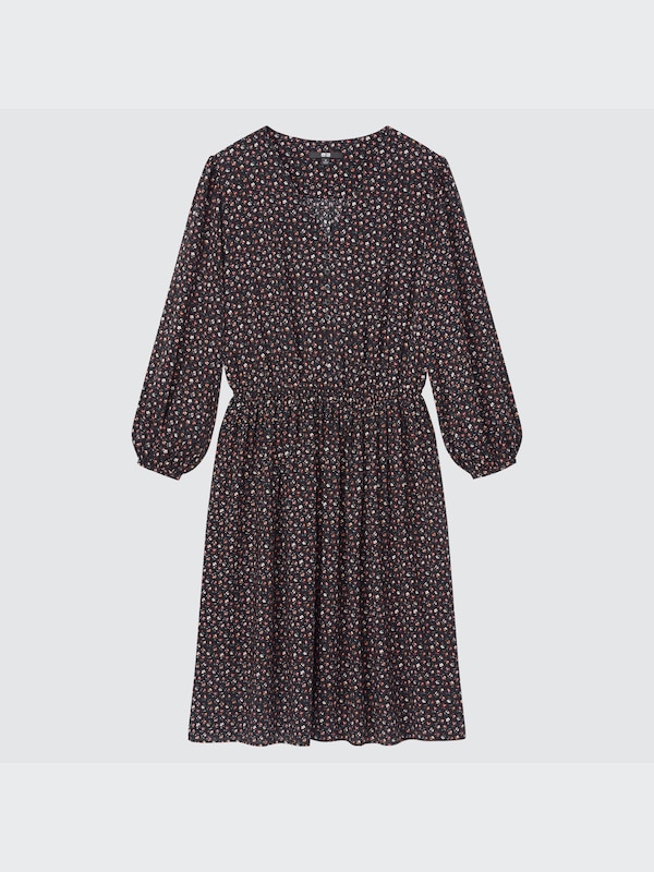 Printed V-Neck 3/4-Sleeve Flare Dress UNIQLO US