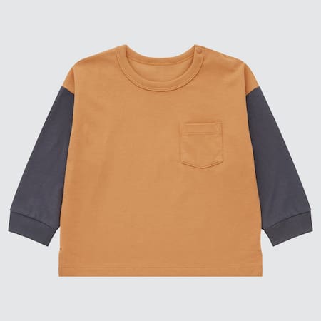 T-Shirt AIRism Cotone A Blocchi Di Colore Girocollo Maniche Lunghe Neonato Bambino