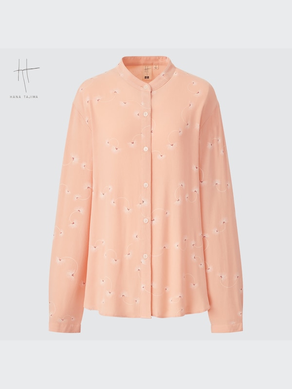 Rayon Georgette Printed Band Collar Long-Sleeve Shirt (Hana Tajima)