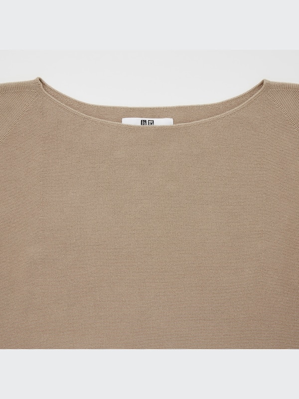 3D Knit Cotton Boat Neck Long-Sleeve Dress