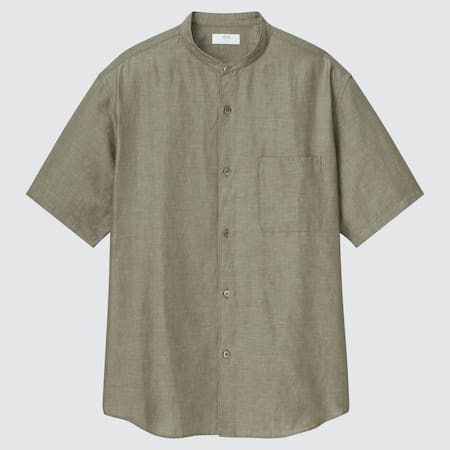 Men Linen Cotton Blend Short Sleeved Shirt (Grandad Collar)