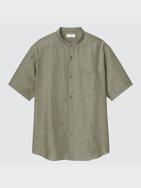 LINEN COTTON STAND COLLAR SHORT SLEEVE SHIRT