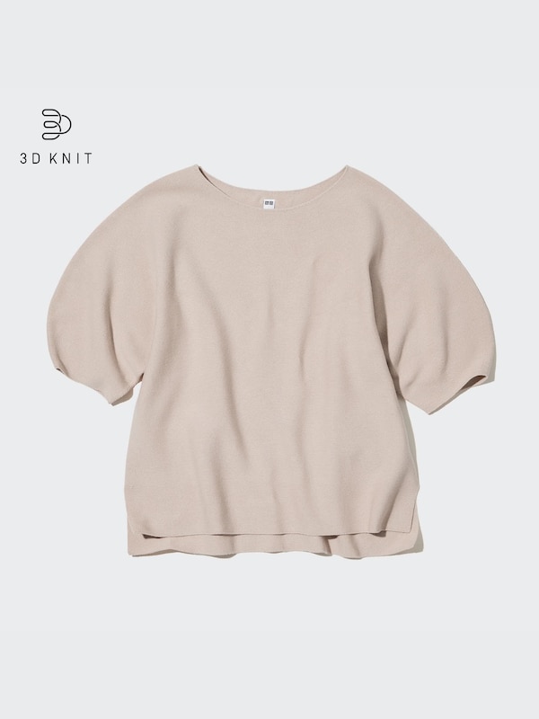 3D Knit Cotton Crew Neck Half-Sleeve Sweater