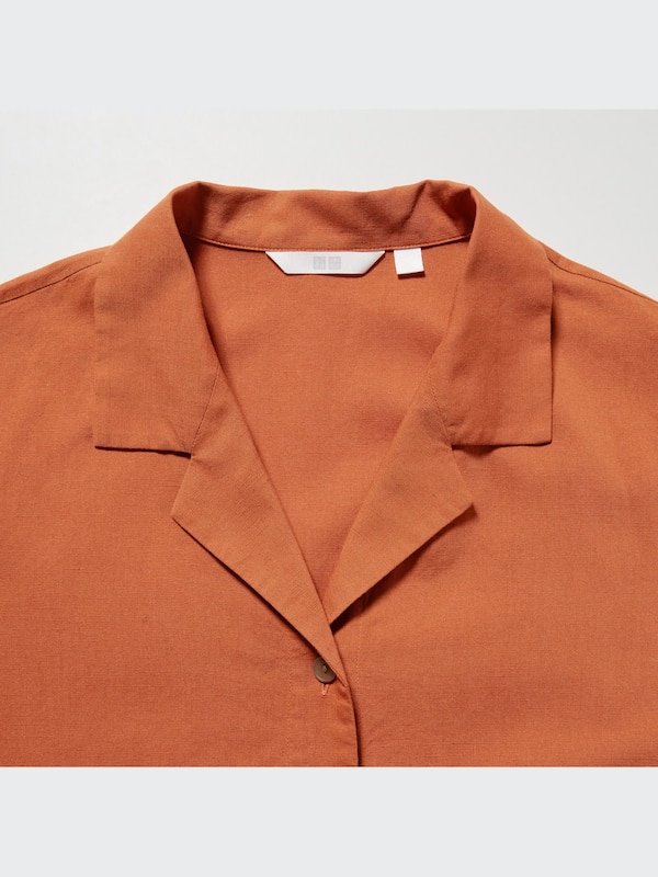 Linen-Blend Open Collar Short-Sleeve Shirt