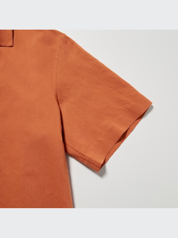Linen-Blend Open Collar Short-Sleeve Shirt