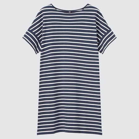 Women Smooth Cotton Striped Short Sleeved Dress