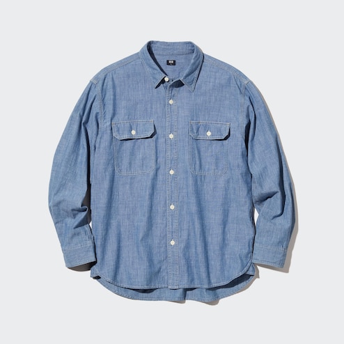 Men's Comfort Stretch Chambray Shirt, Long-Sleeve, Slightly Fitted Untucked  Fit