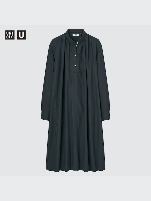 U Gathered Long-Sleeve Dress